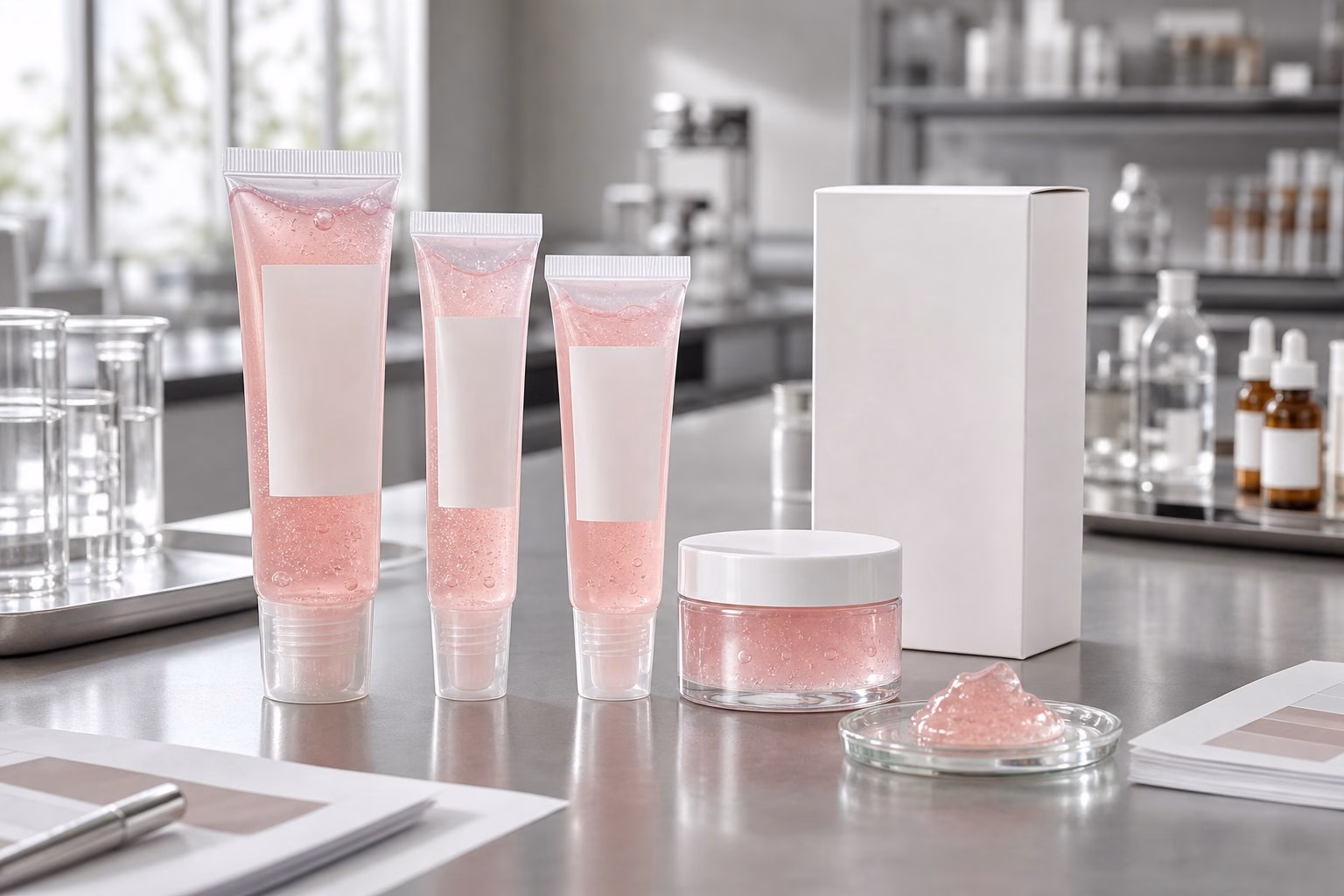 Private label lip jelly care gel sample tubes jar blank labels and texture swatch on GUOCUI factory sample review table