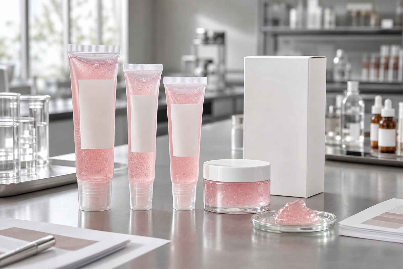 Private label lip jelly care gel sample tubes jar blank labels and texture swatch on GUOCUI factory sample review table