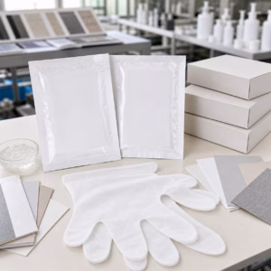 Private label manicure hand mask blank sachet samples and soft glove sheet on GUOCUI factory sample table