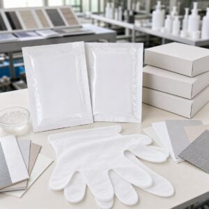 Private label manicure hand mask blank sachet samples and soft glove sheet on GUOCUI factory sample table