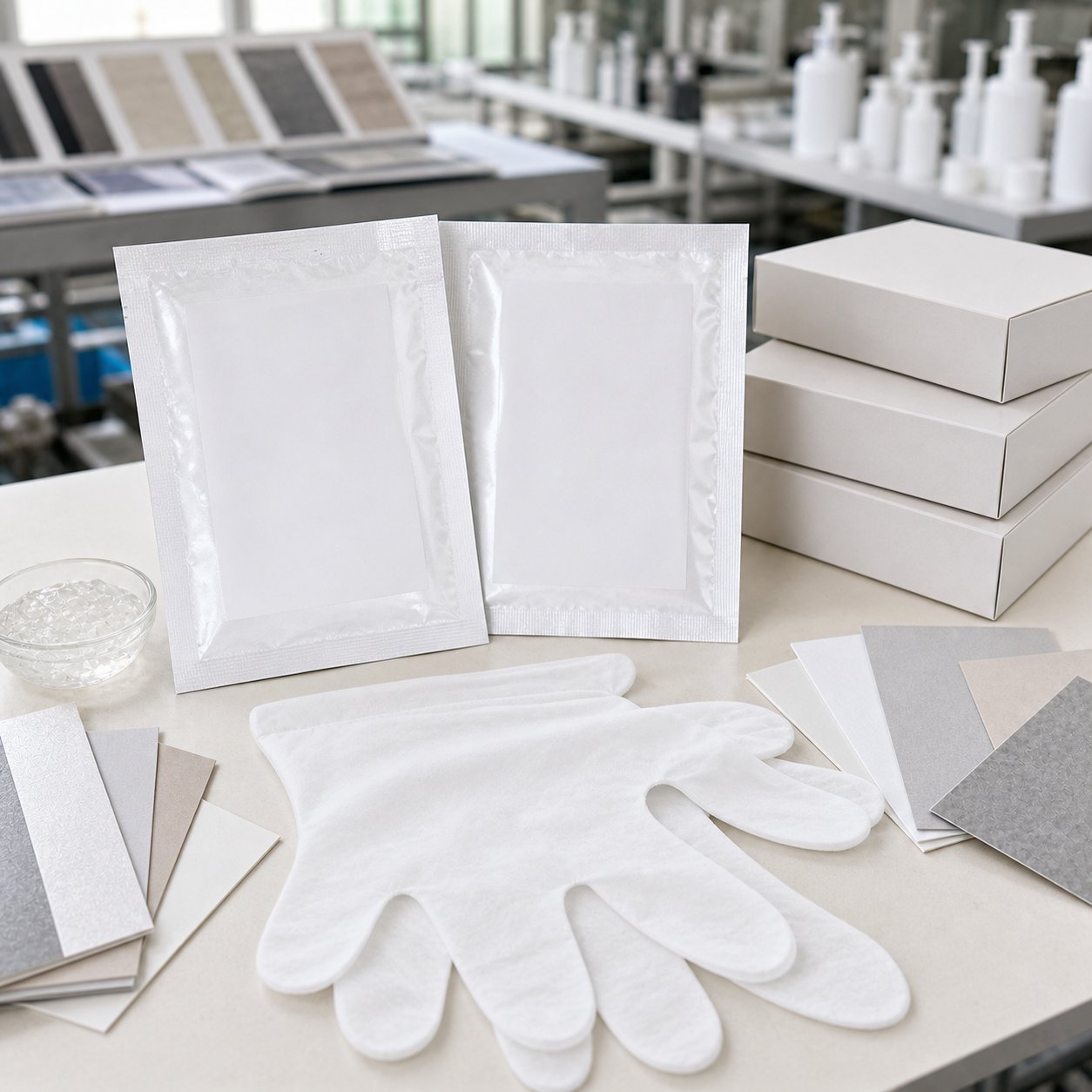 Private label manicure hand mask blank sachet samples and soft glove sheet on GUOCUI factory sample table
