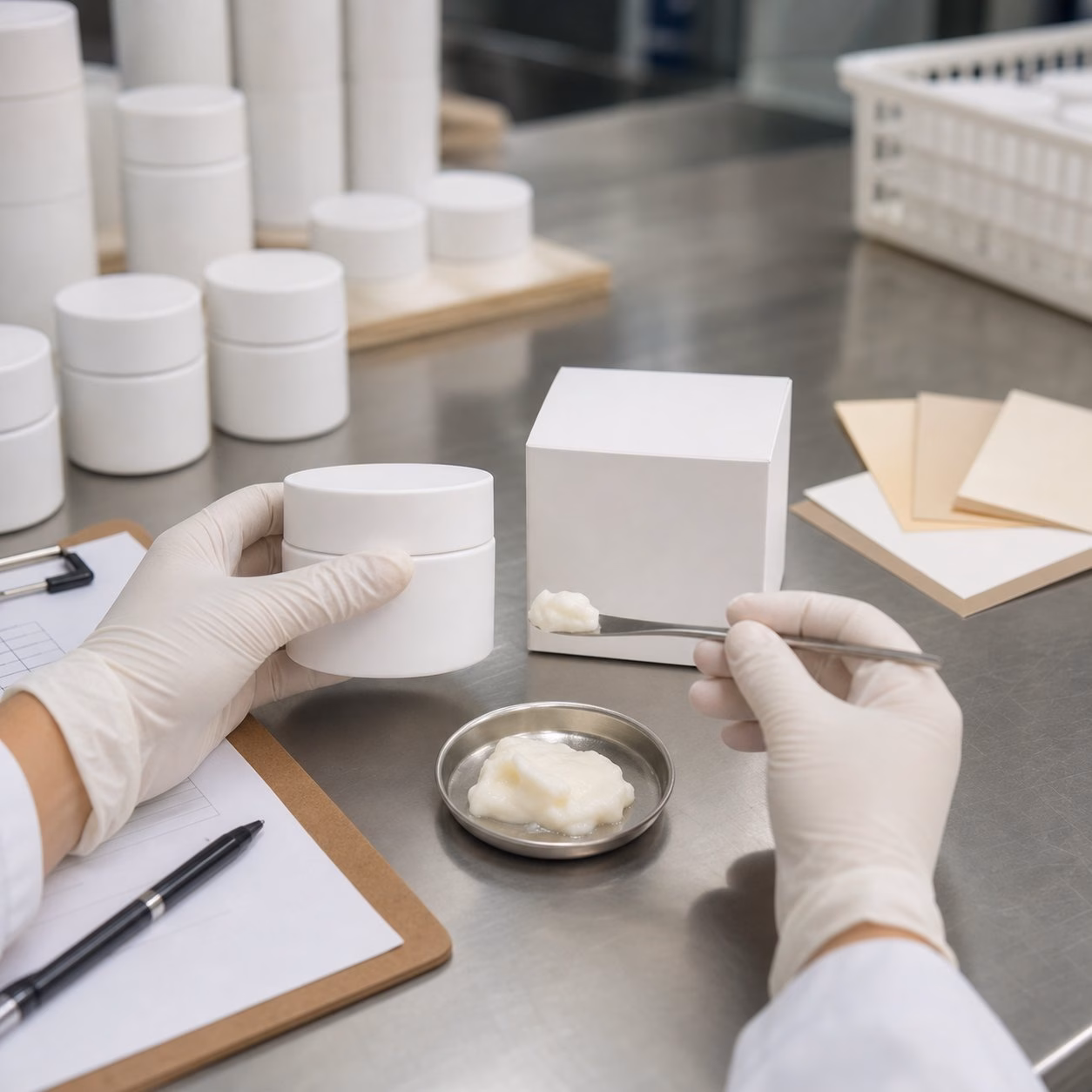 Gloved hand reviewing melting balm cleanser jar carton and texture sample on factory sample table