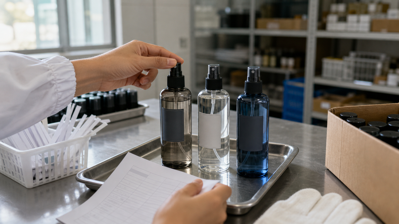 Unbranded men's body fragrance mist samples being checked on a cosmetic factory QC table