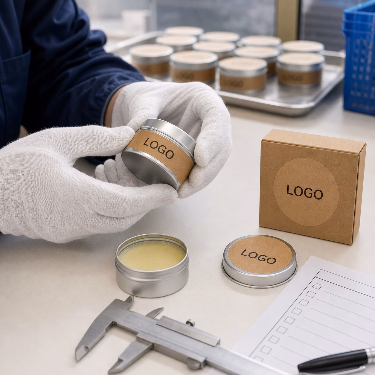 Factory QC sample review for private label men's solid cologne tin label and carton