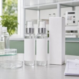 Private label microbiome scalp serum mist blank spray bottles carton and texture sample for OEM hair care buyers