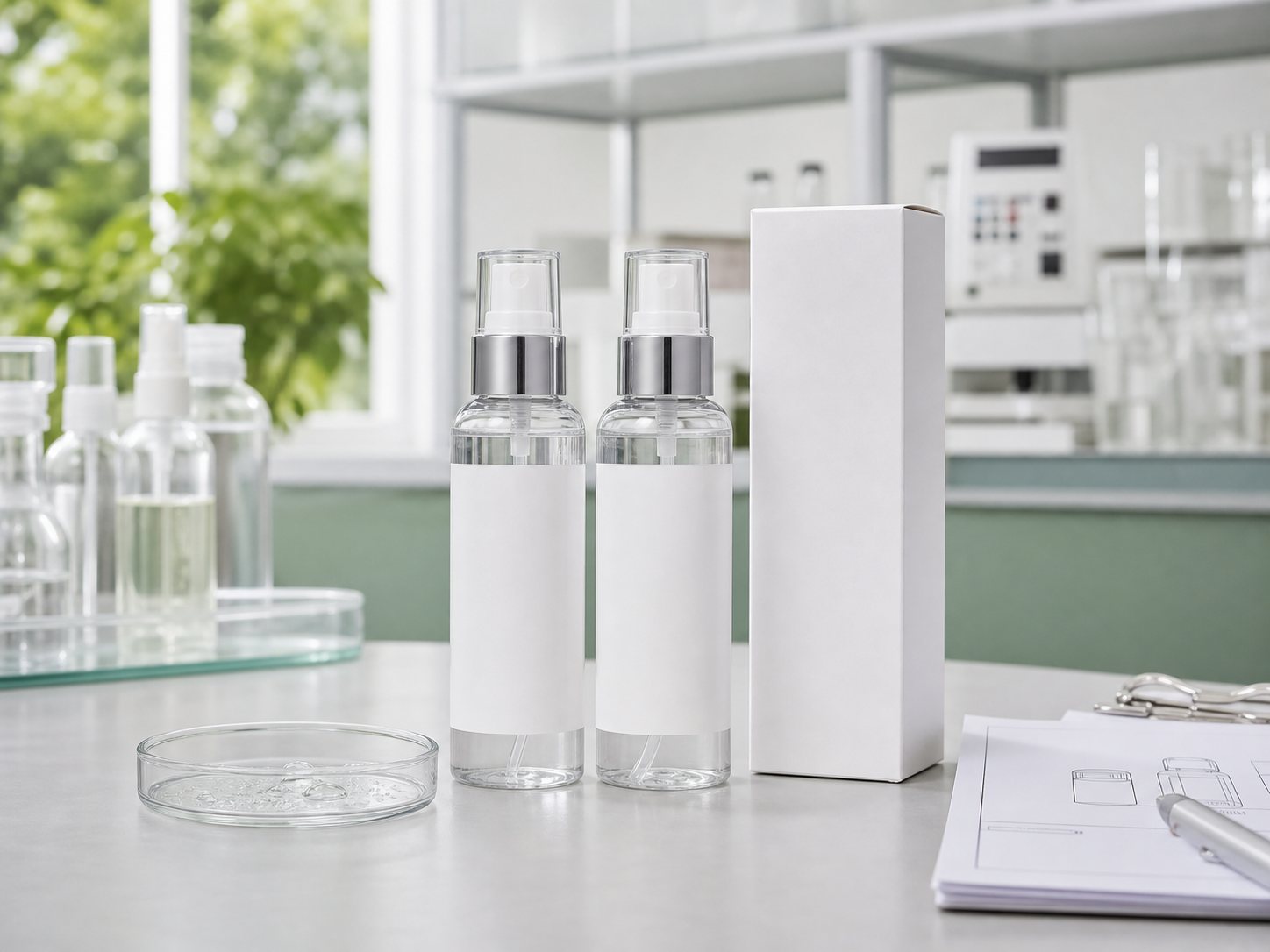 Private label microbiome scalp serum mist blank spray bottles carton and texture sample for OEM hair care buyers