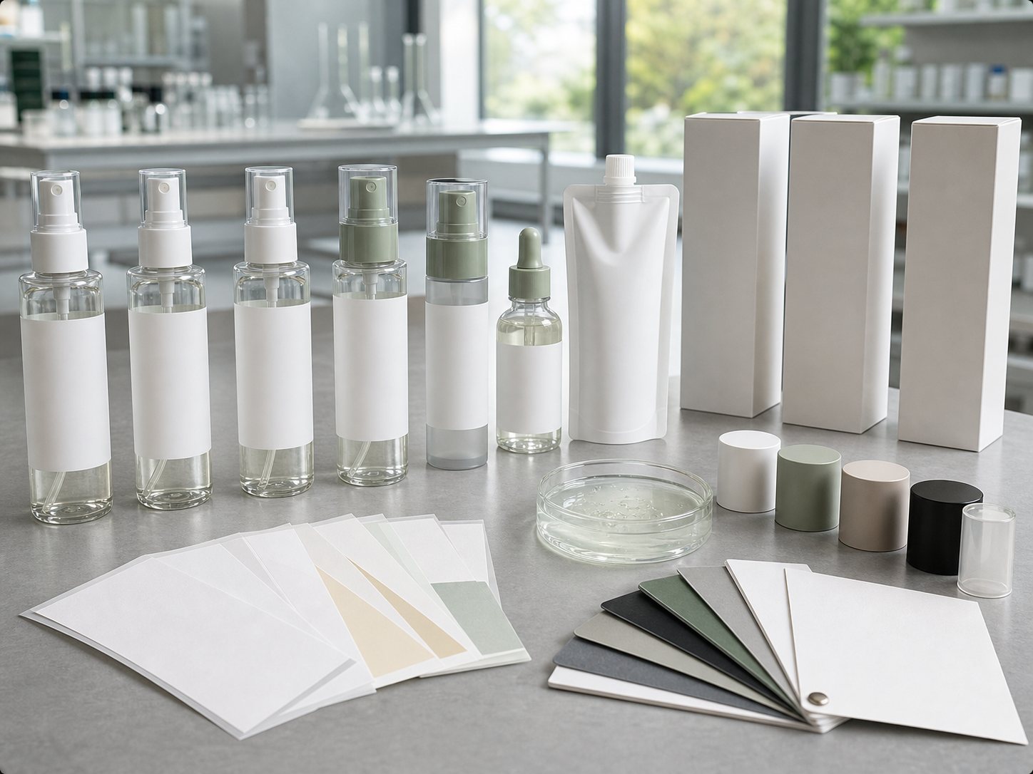 Private label scalp serum mist packaging options with blank spray bottles refill pouch cartons label swatches and cap colors
