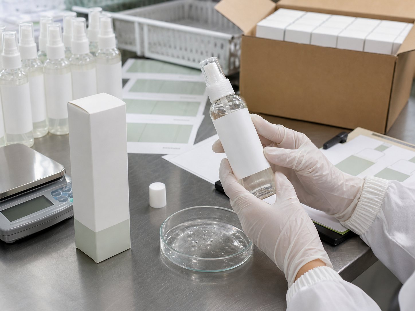Factory QC sample review for blank label microbiome scalp serum mist spray bottle cartons and clear serum texture