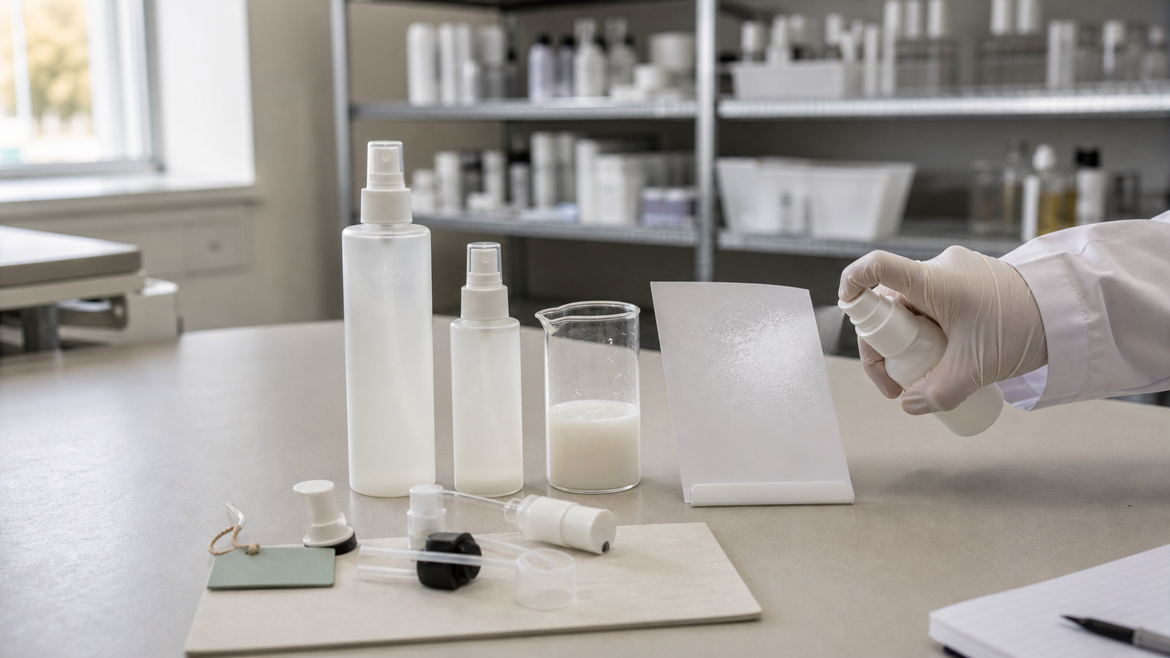Technician testing a milky body serum mist spray pump beside unbranded OEM samples on a cosmetic factory QC table