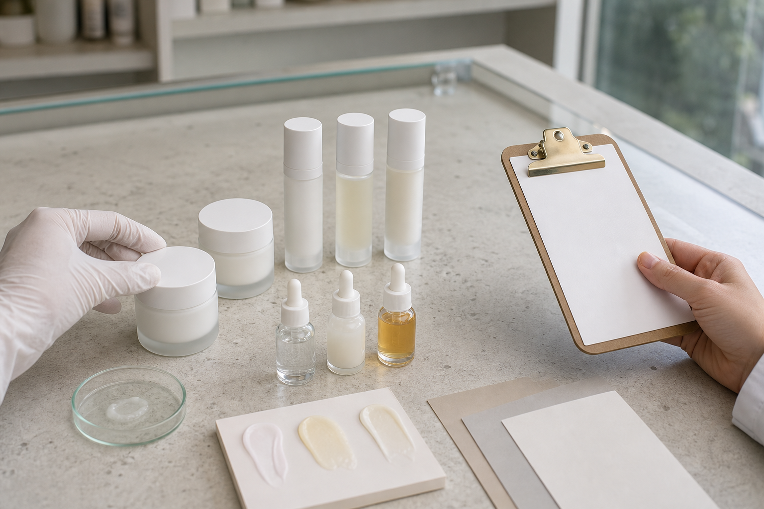 Unbranded base creams serums and booster samples arranged for modular personalized skincare OEM review
