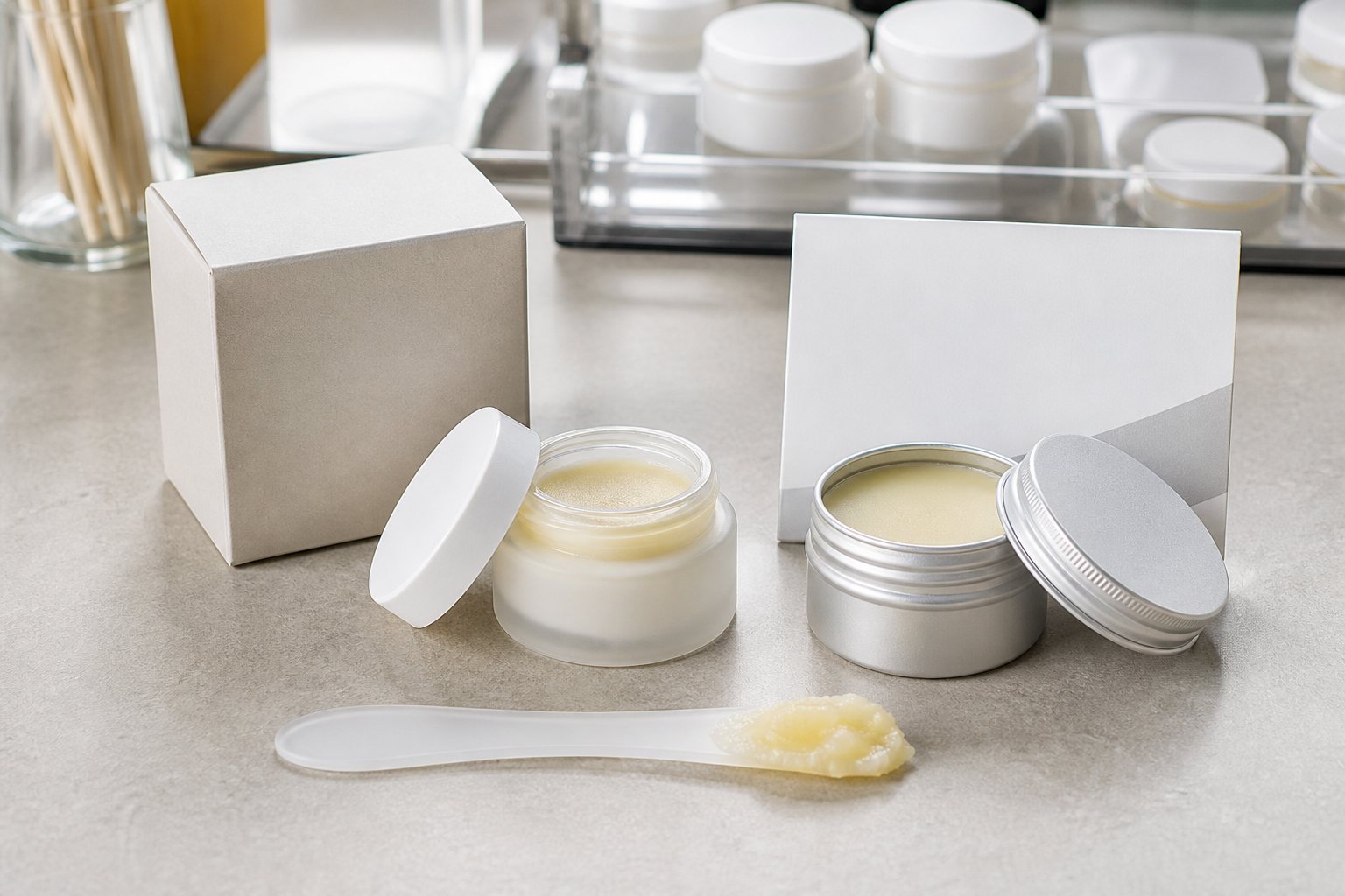 Private label nail and cuticle wax balm blank jar tin carton and wax texture sample on skincare lab bench