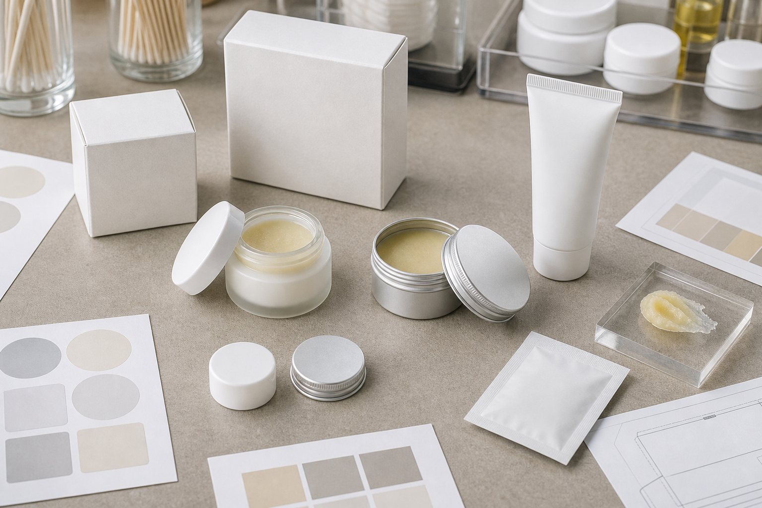Custom nail and cuticle wax balm packaging options with blank jar tin tube sachet cartons color chips and wax texture