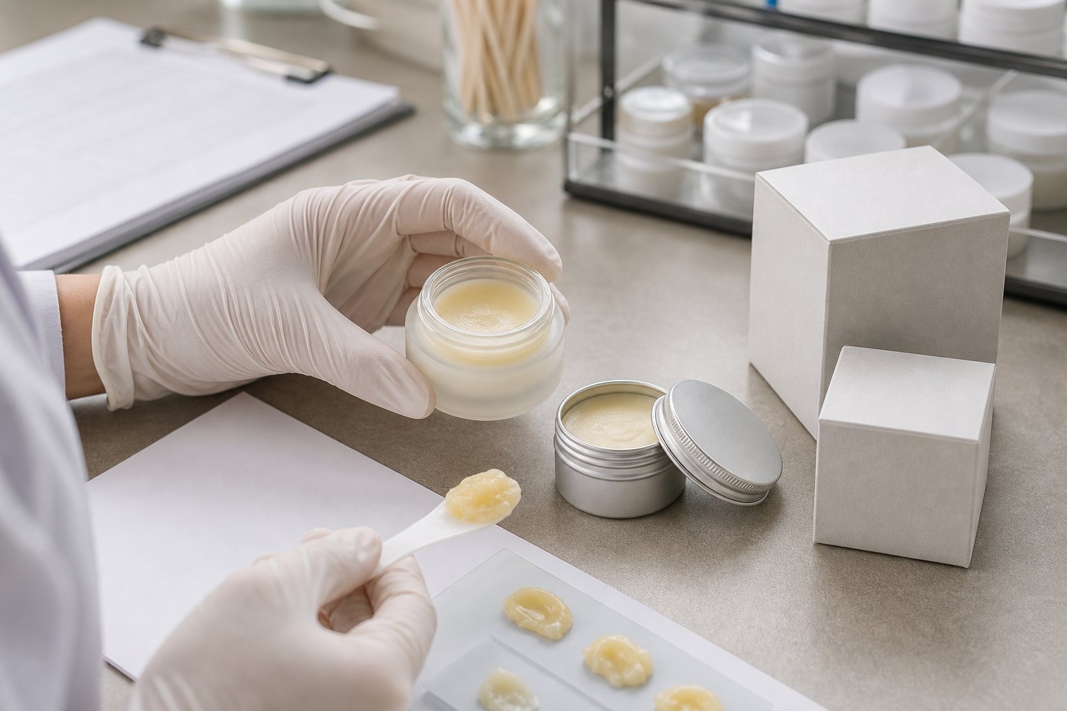 Factory QC sample review for private label nail and cuticle wax balm with blank jar tin cartons and texture samples
