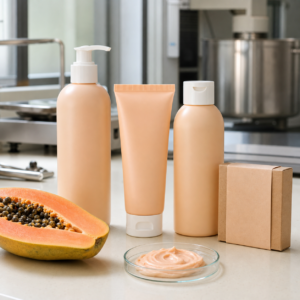 Blank papaya body lotion hand cream cleanser and cleansing bar samples on a cosmetic factory table for private label review