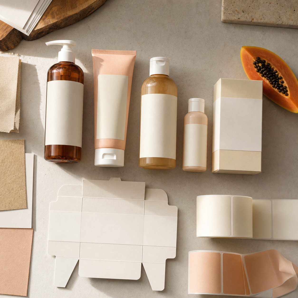 Blank pump bottle tube cleanser bottle travel pack label stock and carton options for papaya body care OEM selection