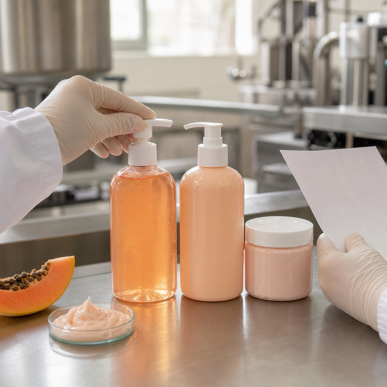 Gloved factory team reviewing blank papaya body wash lotion and cream samples with a plain QC checklist