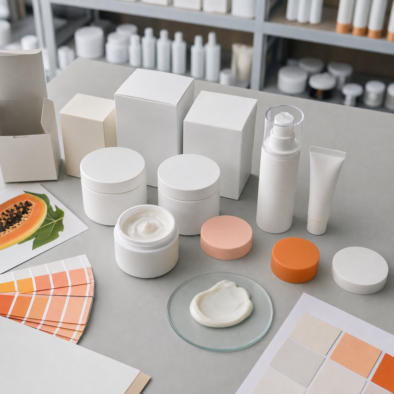 Private label papaya face cream packaging options with blank jars tube airless pump cartons label swatches and cream texture