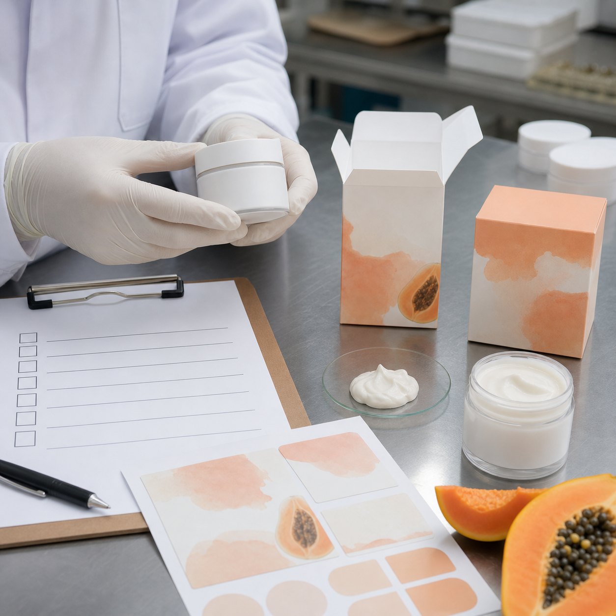 Factory QC sample review for blank-label papaya moisturizing face cream jar carton labels and cream texture