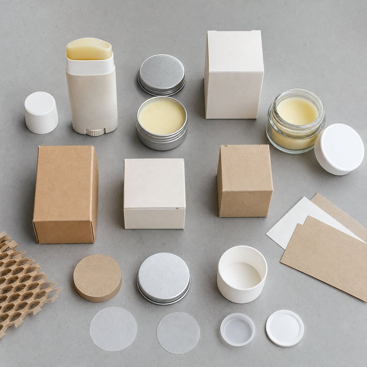 Paper tube aluminum tin glass jar and carton options for a custom solid body moisturizer project