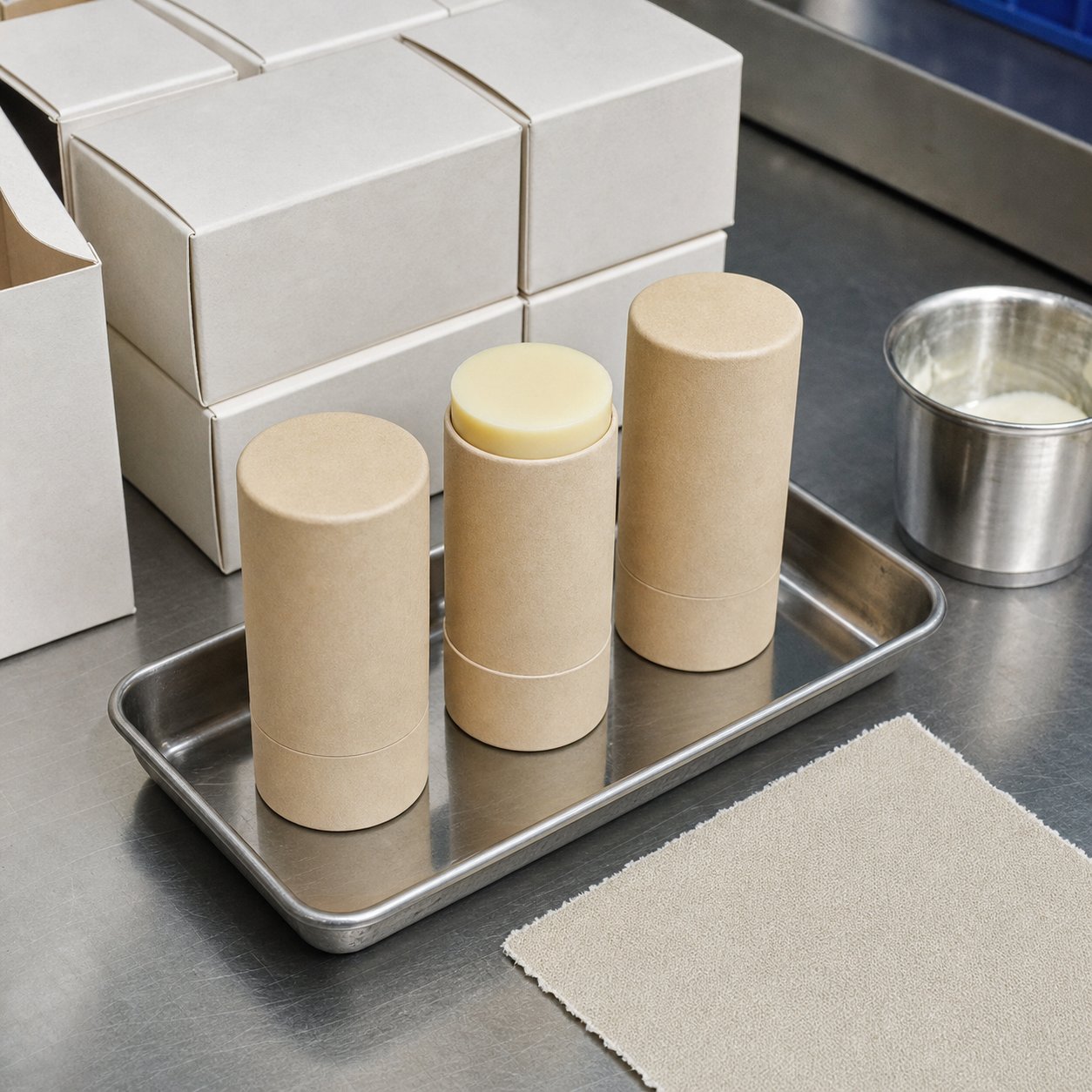 Blank paper tube balm samples on a factory preparation tray for packaging fit and formula review