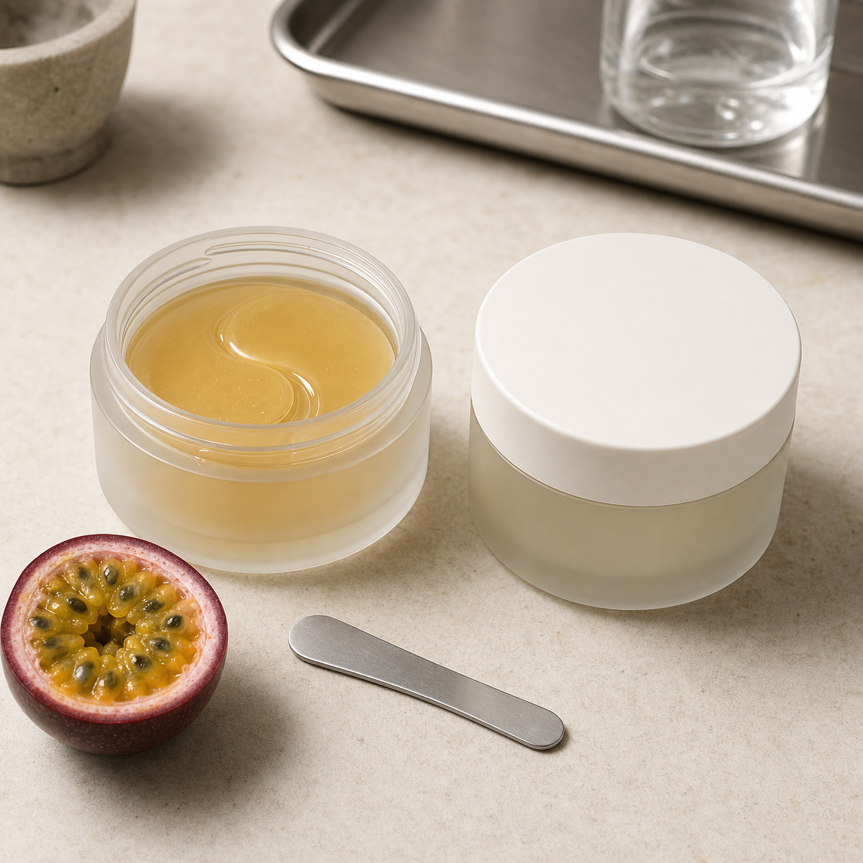Blank passion fruit hydrogel eye patch jars with pale-gold crescent patches on a GUOCUI factory sample table