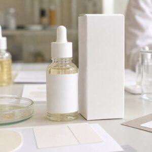 Private label PDRN collagen ampoule essence blank bottle and carton sample on GUOCUI factory review table