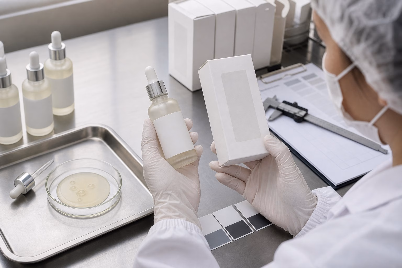 Factory QC sample review for private label PDRN collagen ampoule essence bottle carton and label alignment