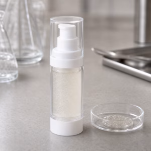 Blank airless peptide bubble serum sample on a cosmetic laboratory table for private label review