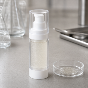 Blank airless peptide bubble serum sample on a cosmetic laboratory table for private label review