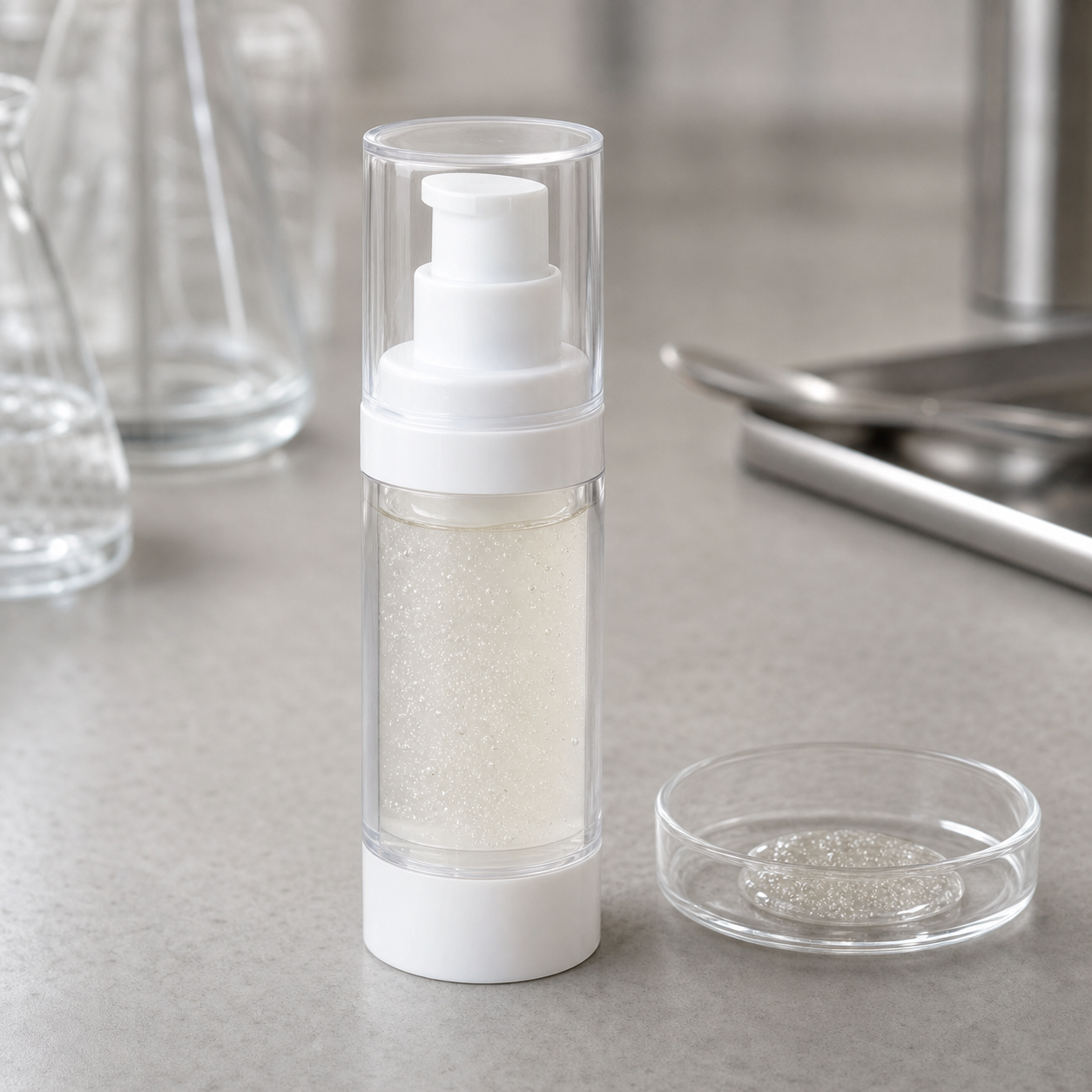 Blank airless peptide bubble serum sample on a cosmetic laboratory table for private label review