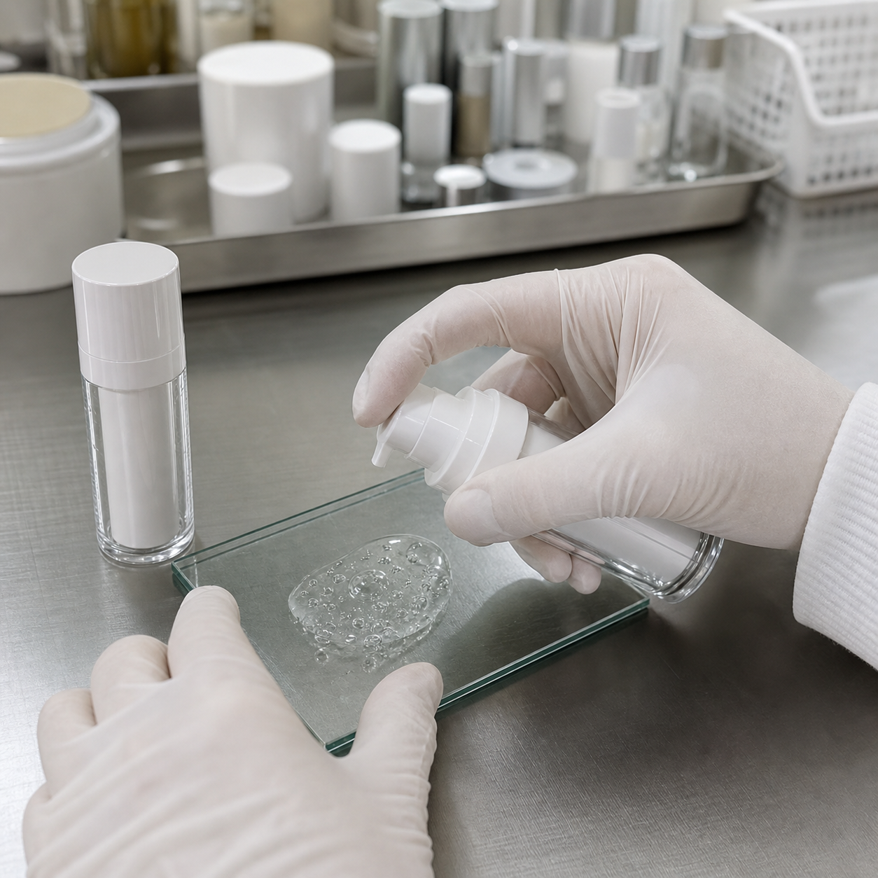 Gloved cosmetic factory technician reviewing peptide bubble serum pump output and texture on a glass plate