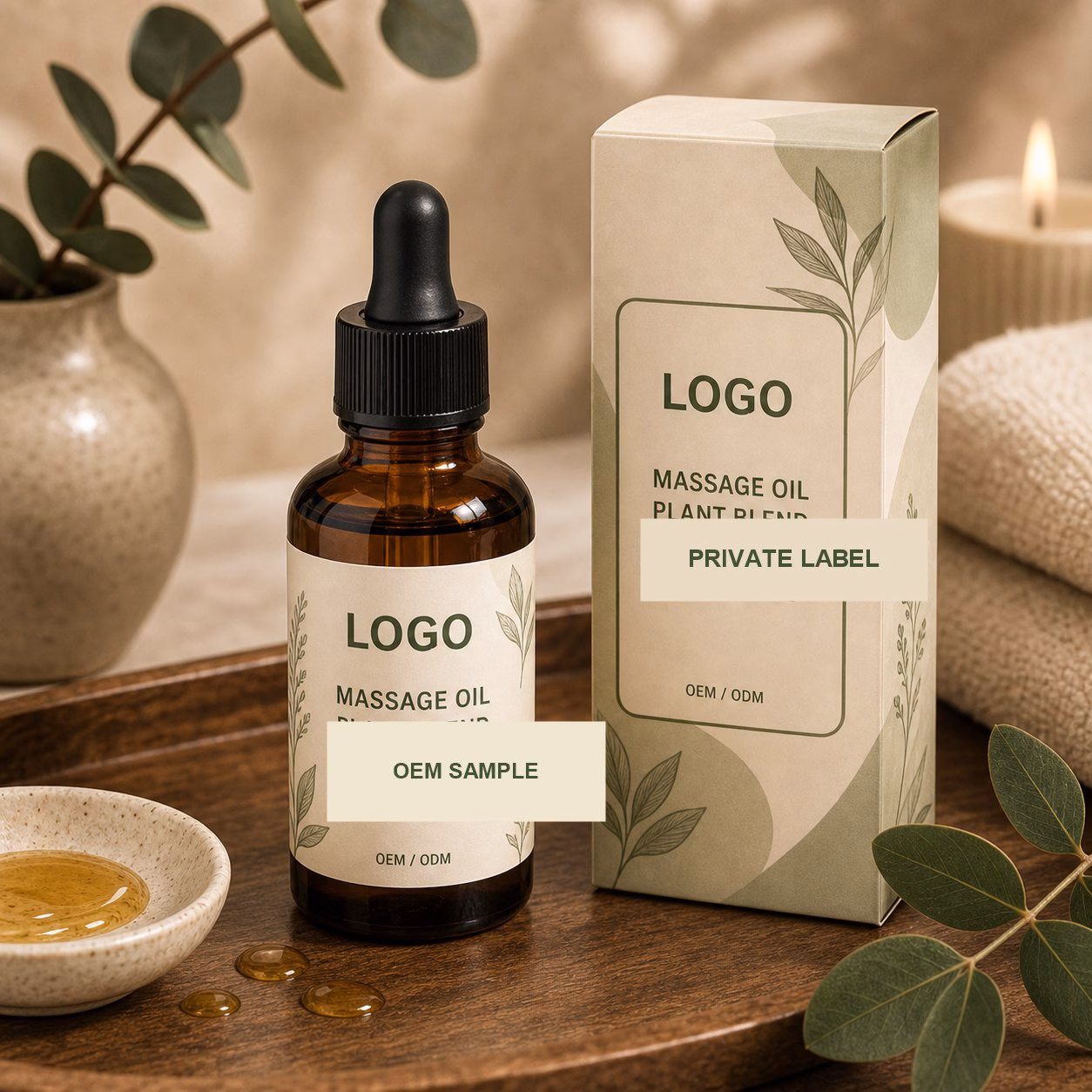 Private label plant massage oil bottle carton and texture sample for OEM buyer review