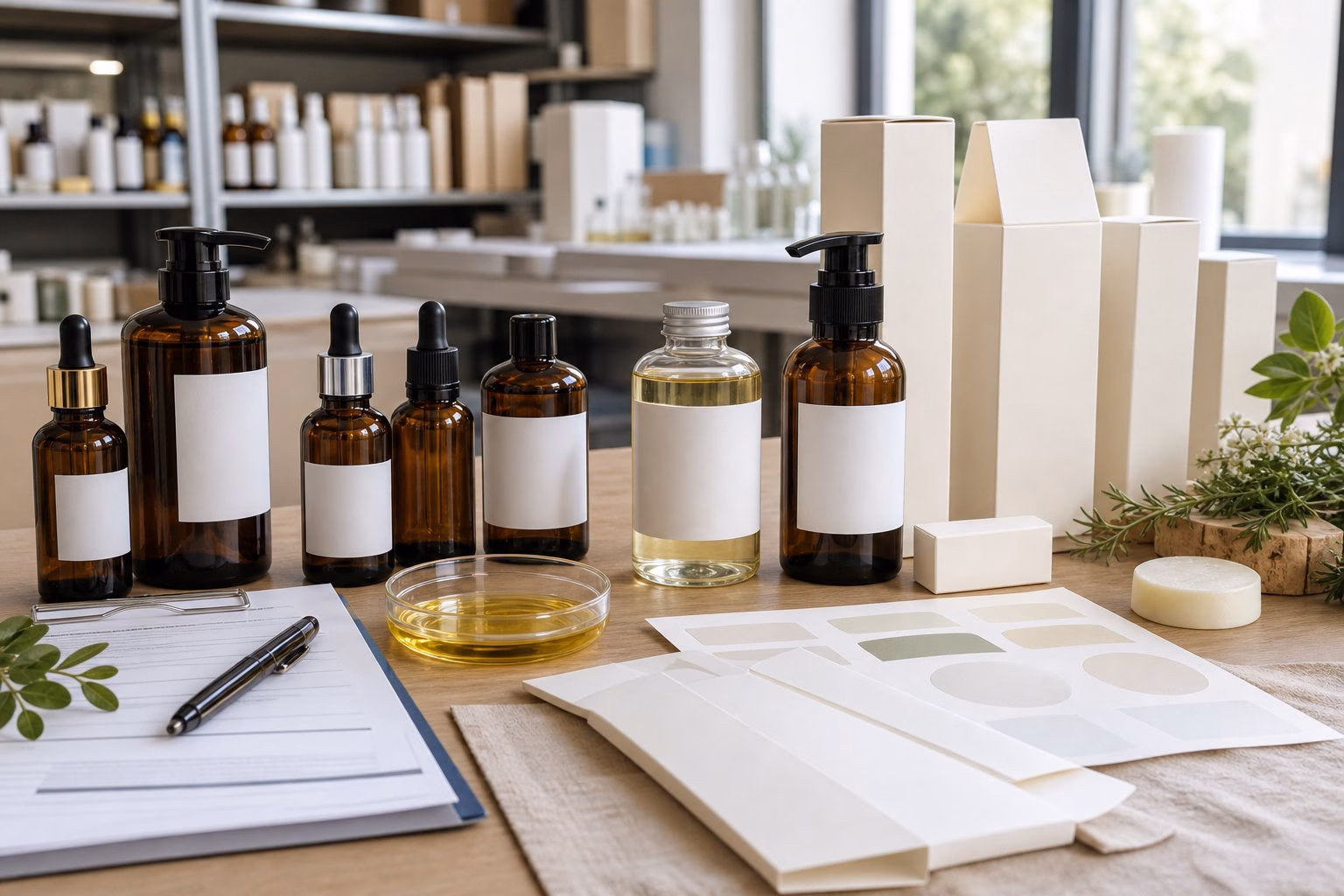 AI-generated illustration of cosmetic-oil bottles, closures, blank cartons and label options.