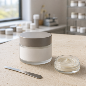 Unbranded pre-makeup moisturizer cream sample on a GUOCUI factory sample table