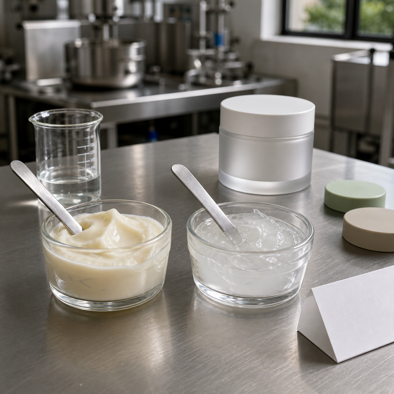 Buttery cream and clear gel-cream texture samples reviewed on a cosmetics factory development bench