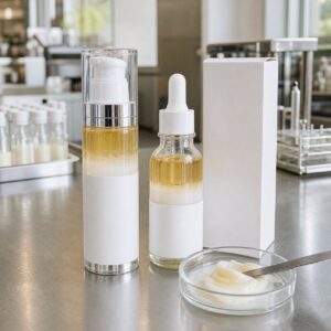 Private label bi-phase cream lotion serum blank pump bottle dropper bottle carton and texture sample on factory sample table