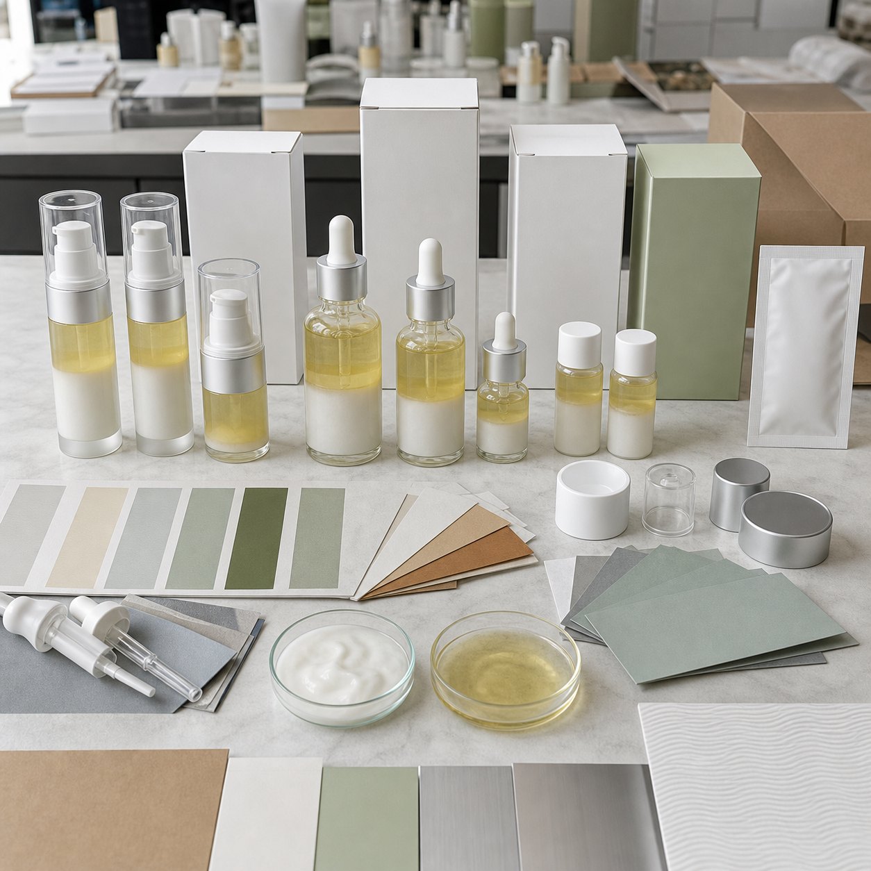 Bi-phase cream lotion serum OEM packaging options with blank pump bottles dropper bottles sachets cartons and texture samples