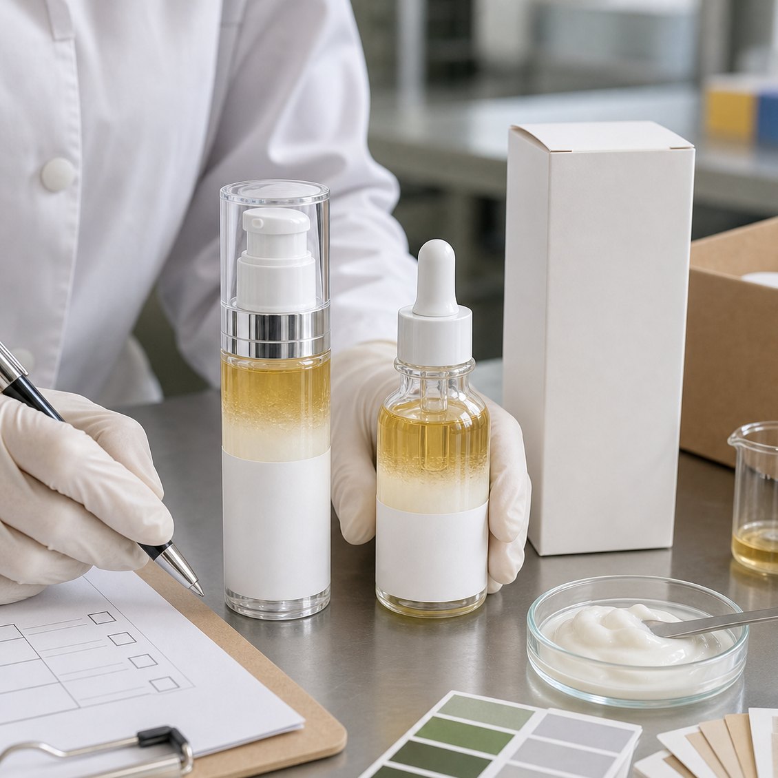 GUOCUI QC sample review for blank-label bi-phase cream lotion serum bottles carton and texture sample
