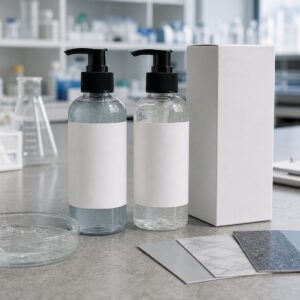 Private Label Glacier Granite Body Wash blank-label sample bottles carton and texture dish on GUOCUI factory sample table