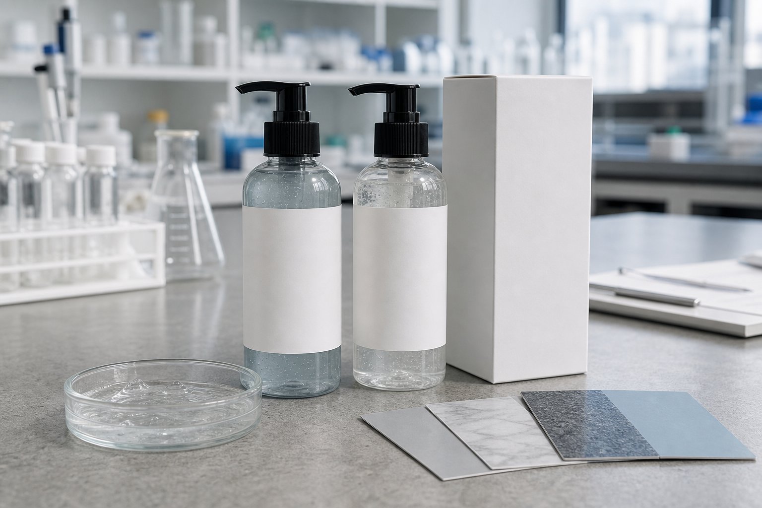 Private Label Glacier Granite Body Wash blank-label sample bottles carton and texture dish on GUOCUI factory sample table
