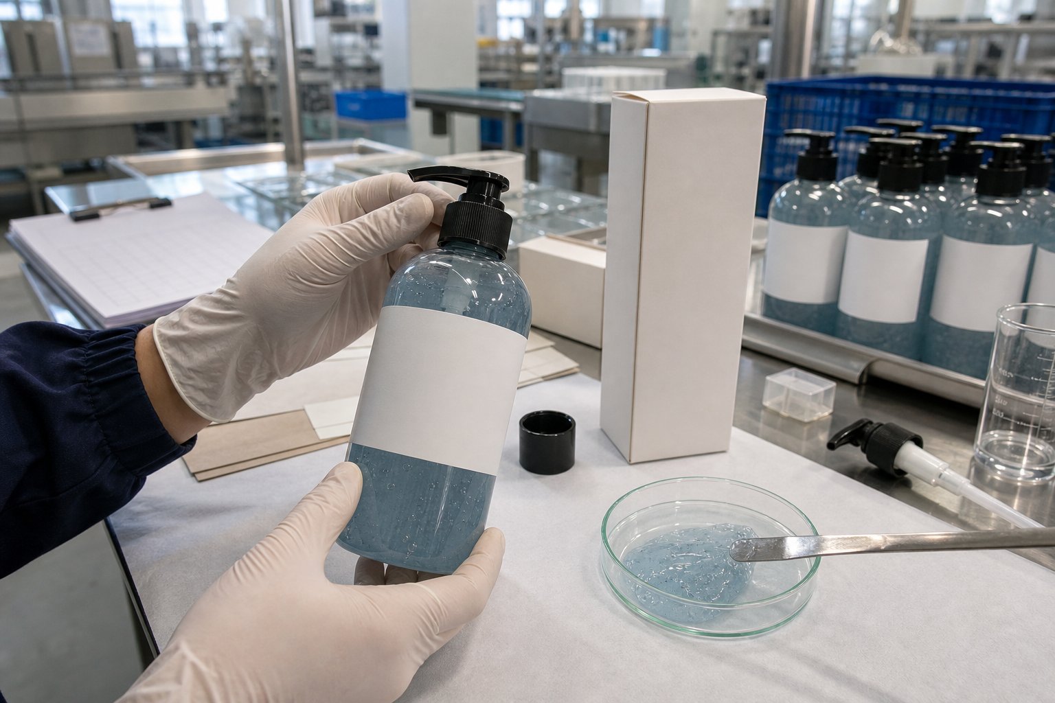 GUOCUI factory QC review for Private Label Glacier Granite Body Wash with blank label bottle carton and texture sample