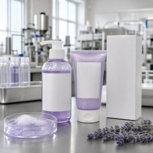 Private label lavender bubble body wash blank pump bottle tube carton and foam sample on factory sample table