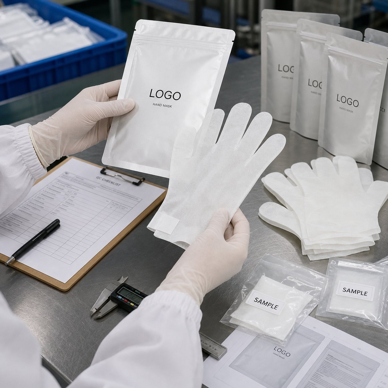Manicure hand mask QC sample review and label proofing table