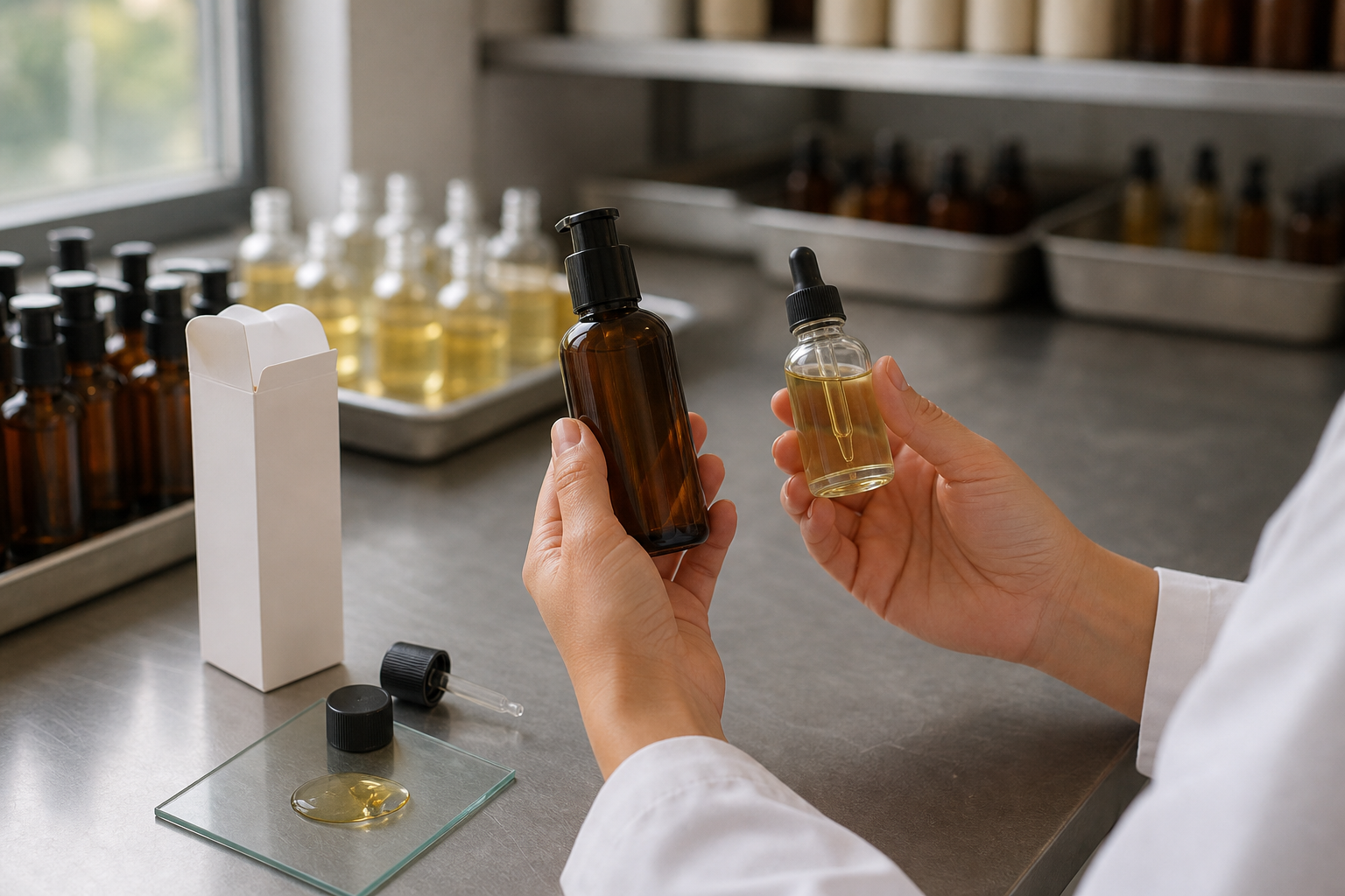 GUOCUI quality-control worker compares unbranded massage oil pump and dropper samples on a factory table