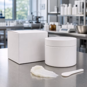 Private Label Melting Balm Cleanser blank-label sample bottles carton and texture dish on GUOCUI factory sample table