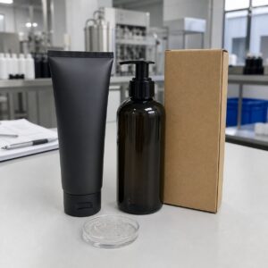 Private label men 3-in-1 shower gel blank tube pump bottle carton and clear gel texture on factory sample table