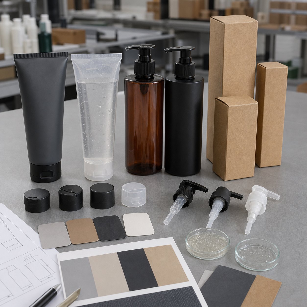 Multi-use shower gel packaging options with blank tubes pump bottles cartons caps label swatches and clear gel texture dishes