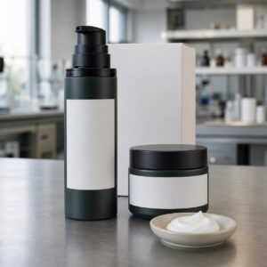 Private label men after-shave comfort balm blank pump bottle jar carton and cream texture sample on factory sample table