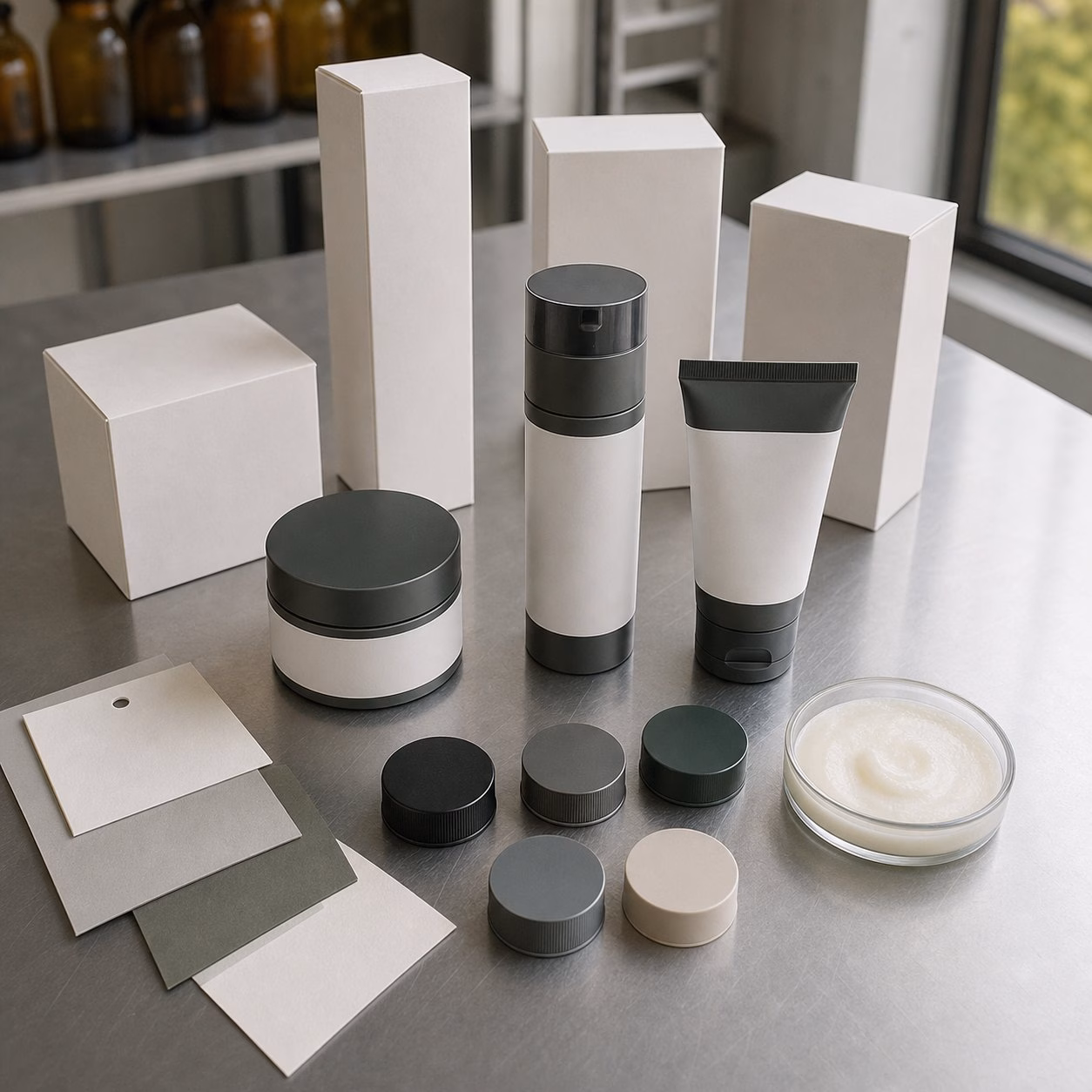 Men after-shave comfort balm OEM packaging options with blank pump bottle jar tube cartons swatches and texture sample