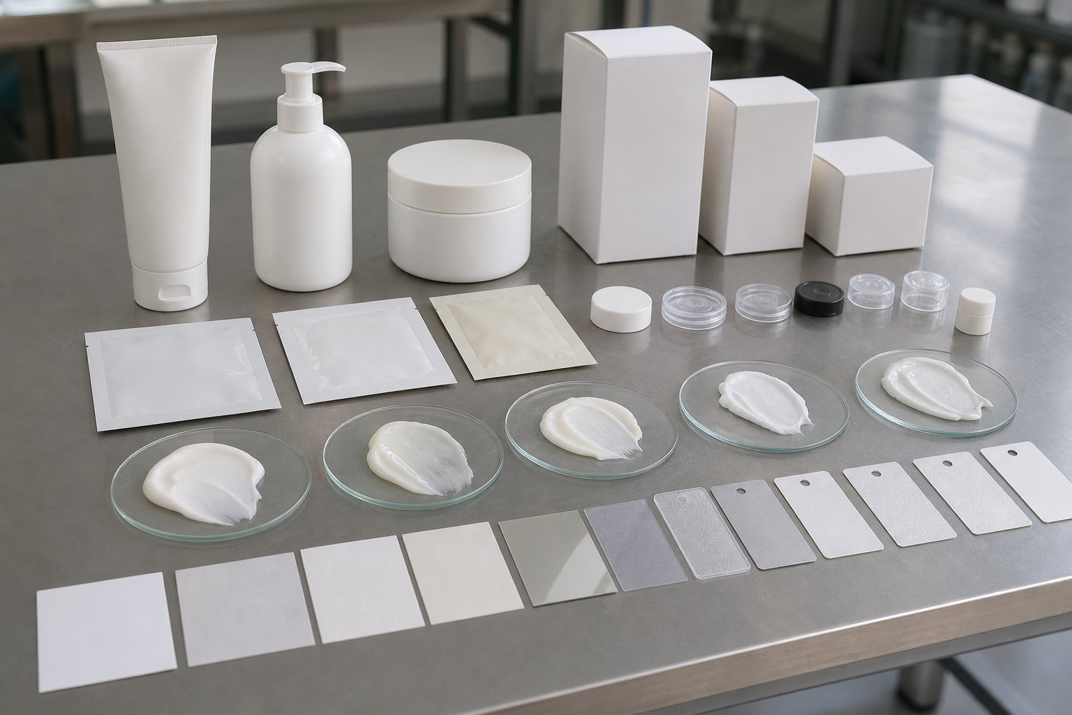 Body mask packaging options with blank tubes jars pump bottles sachets cartons label swatches and creamy texture plates